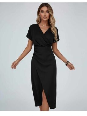 Classic Black Wrap Midi Dress - Elegant V-Neck for Women